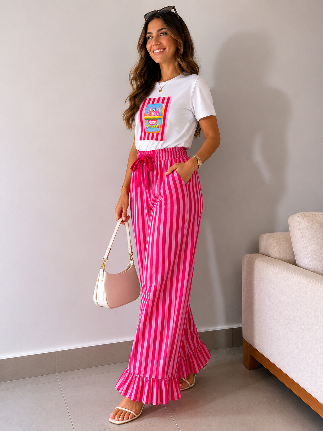 CALÇA RISCAS COM FOLHO