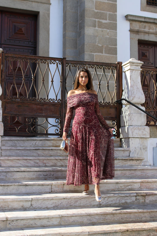 VESTIDO ESTAMPADO TULE BORDÔ