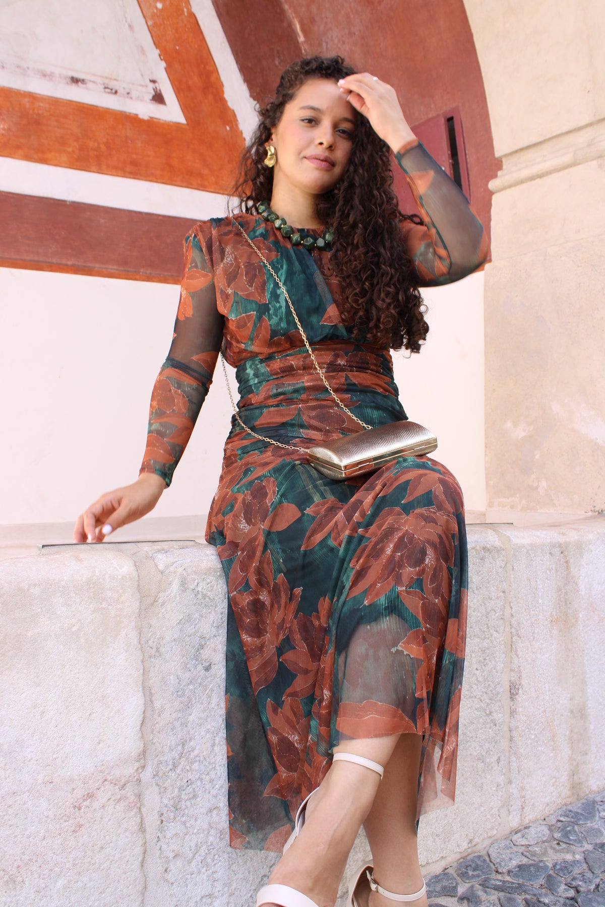 VESTIDO TULE ESTAMPADO ESMERALDA/TERRACOTA