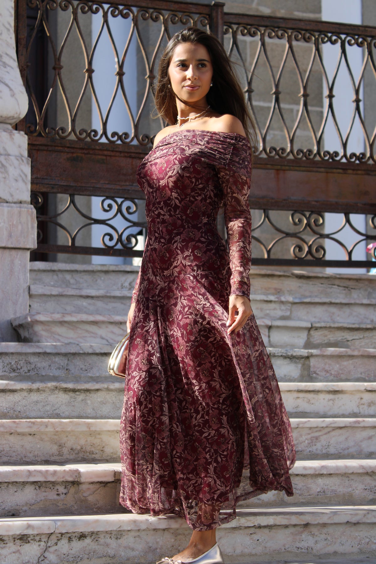 VESTIDO ESTAMPADO TULE BORDÔ
