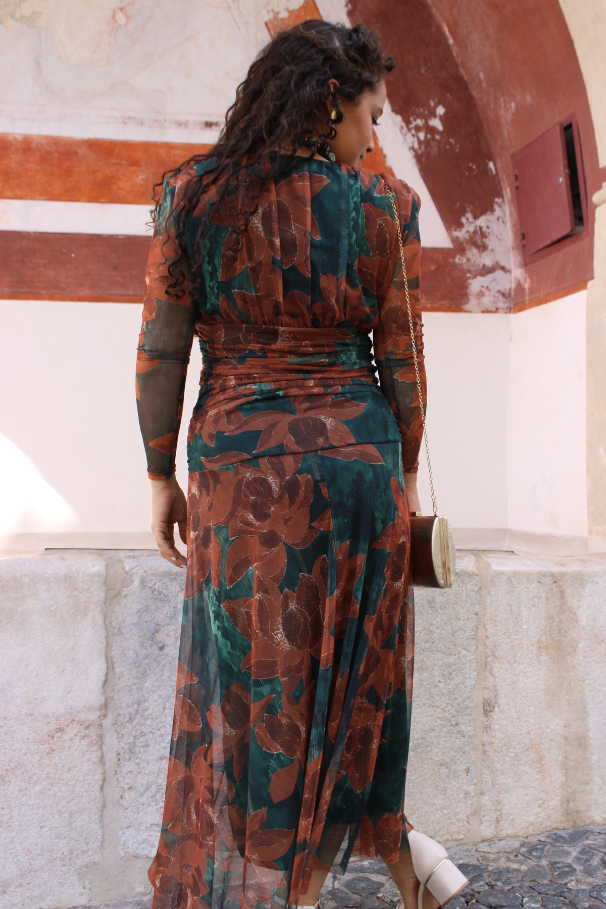 VESTIDO TULE ESTAMPADO ESMERALDA/TERRACOTA