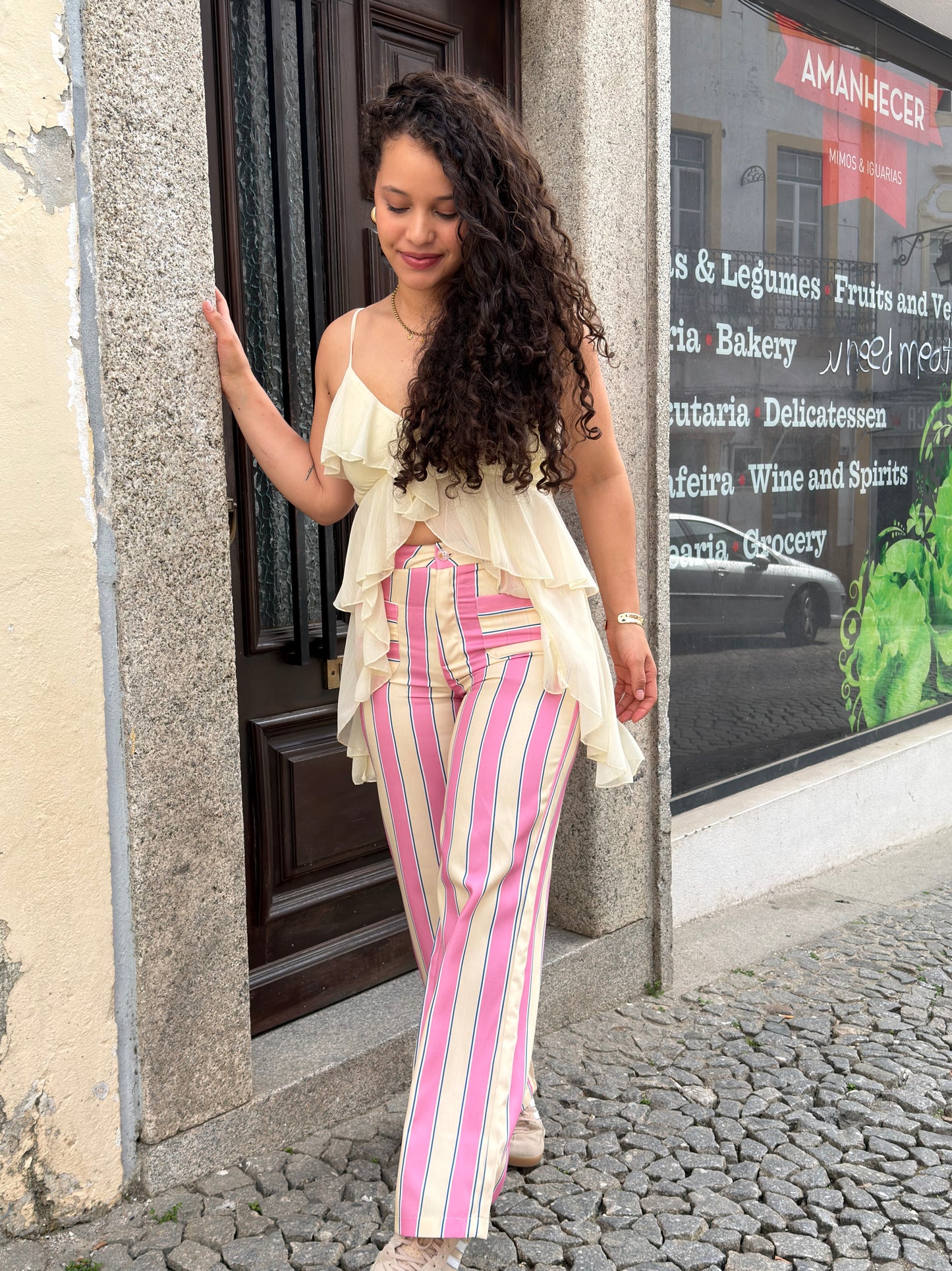 CALÇA RISCAS ROSA/AMARELO