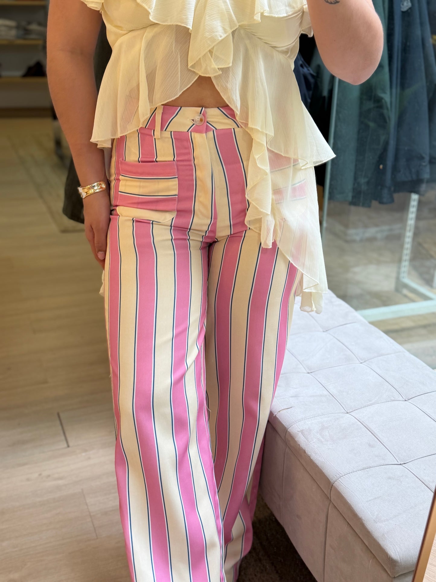 CALÇA RISCAS ROSA/AMARELO