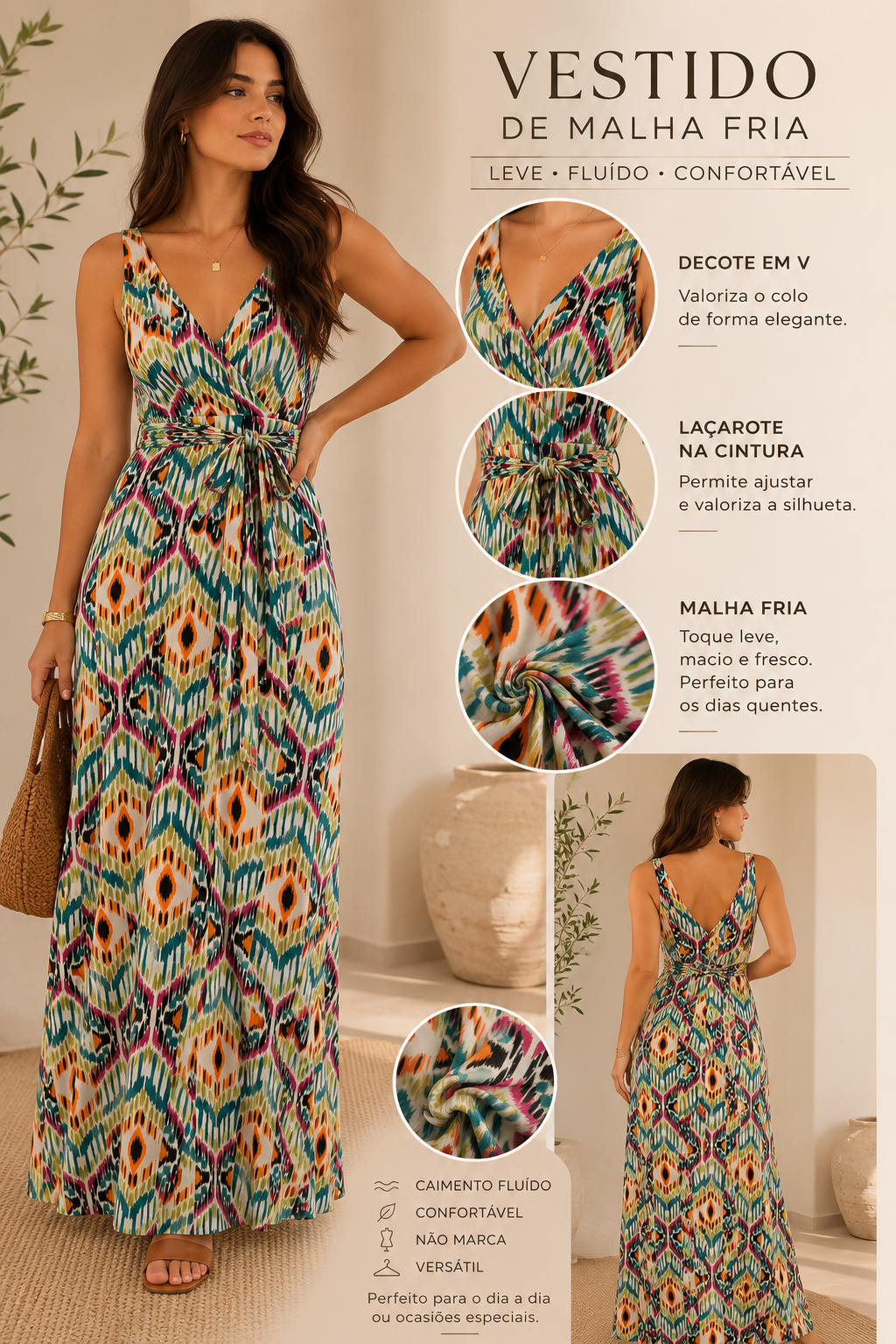 Vestido Longo Estampado em Malha Fria