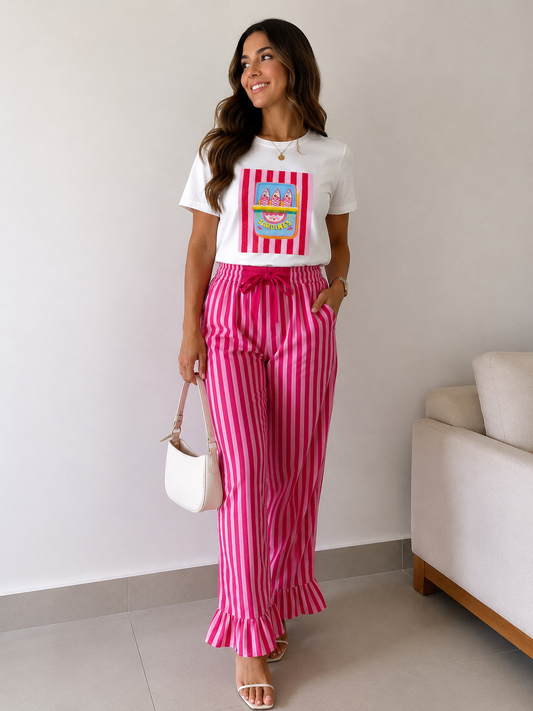 CALÇA RISCAS COM FOLHO