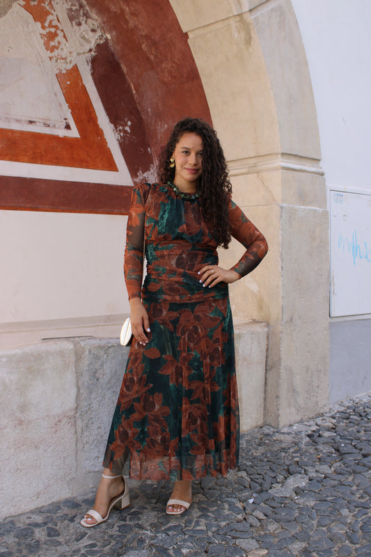 VESTIDO TULE ESTAMPADO ESMERALDA/TERRACOTA