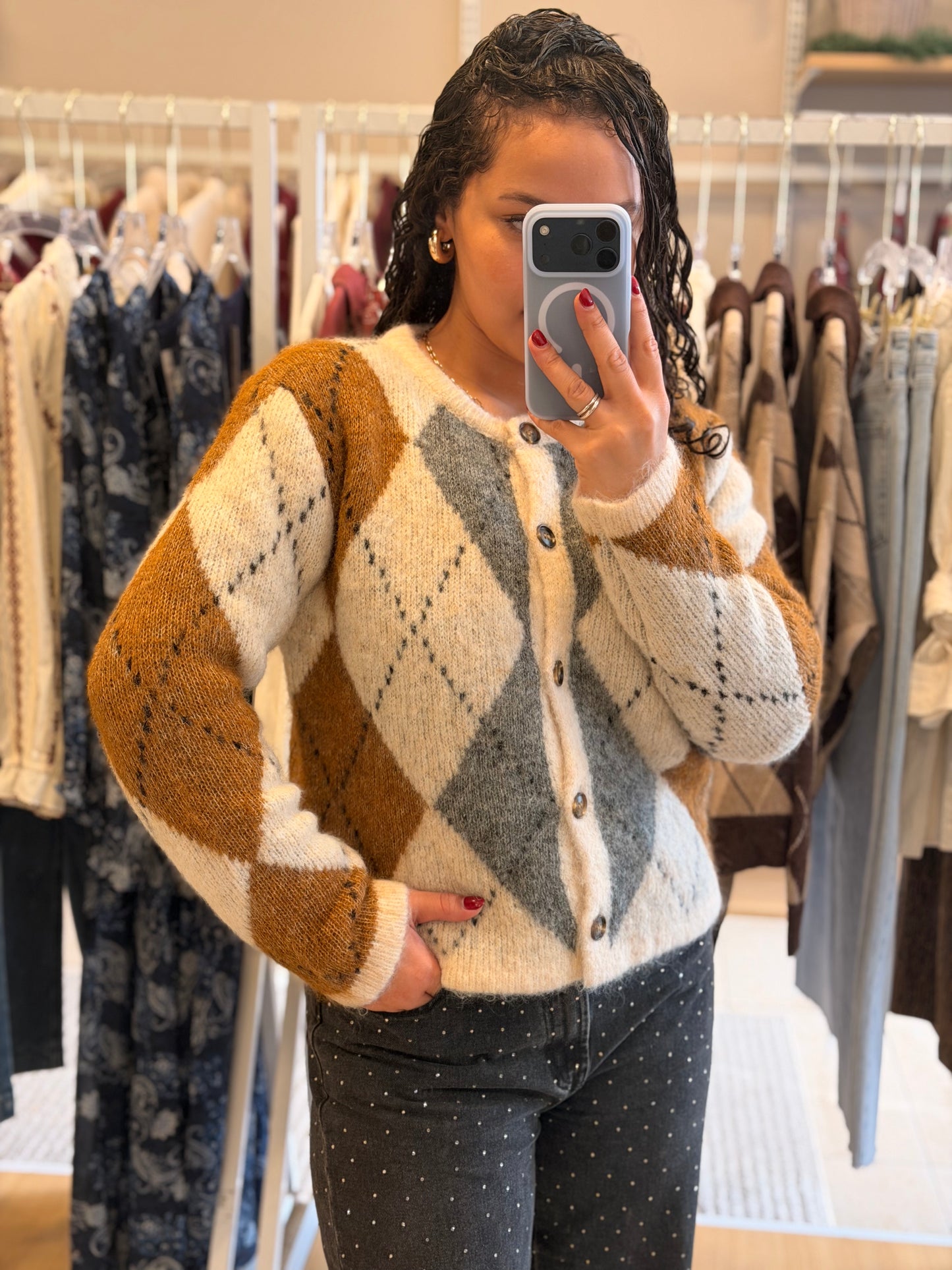 Casaco losango mostarda