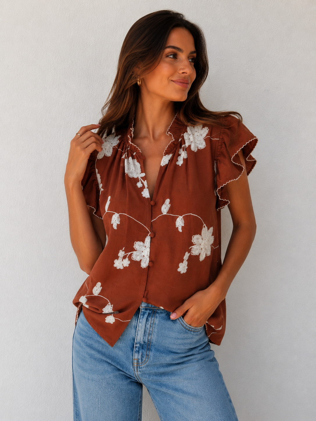 CAMISA TERRACOTA COM BORDADOS