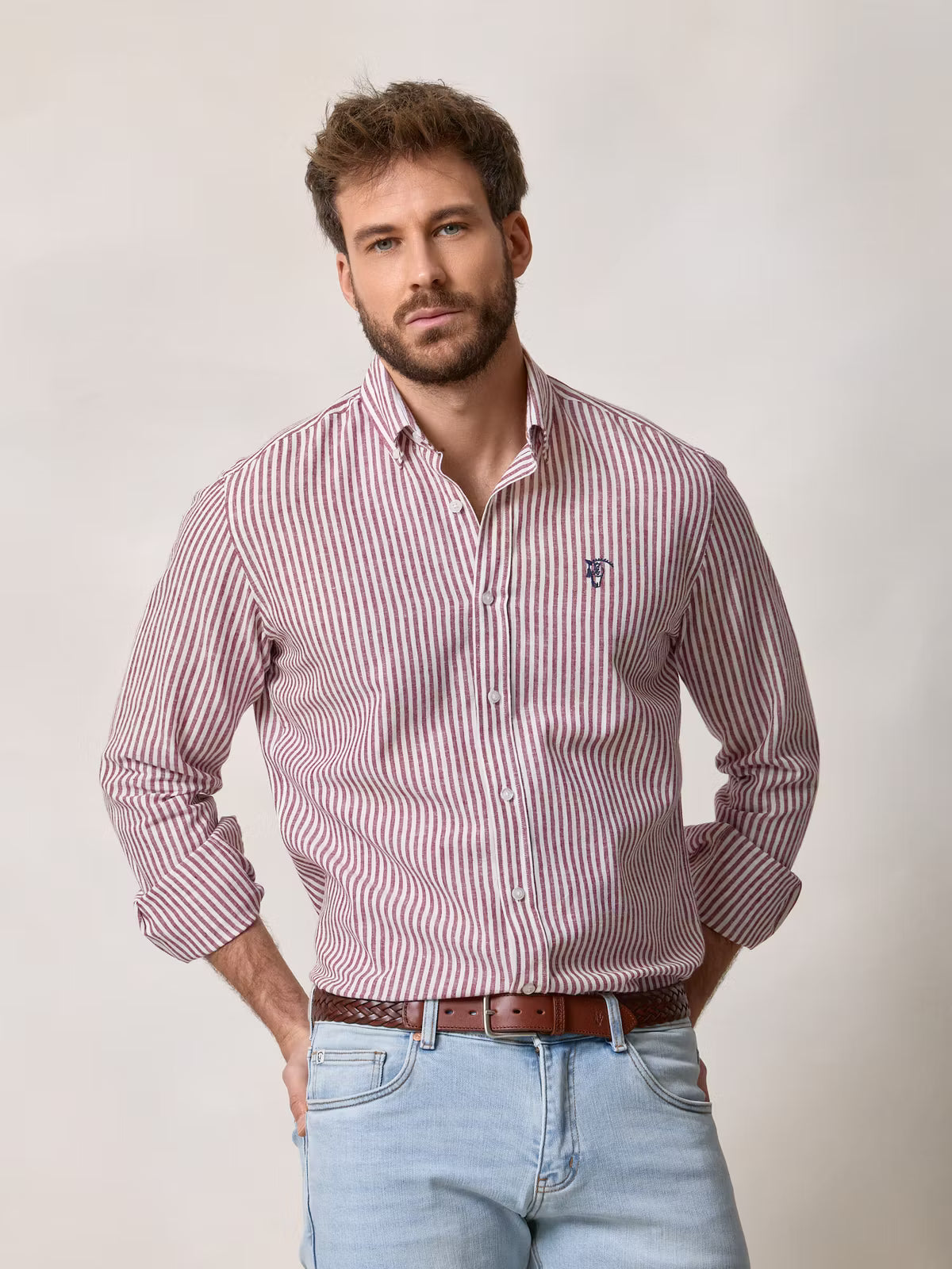 Camisa Linho Listrada | Borgonha